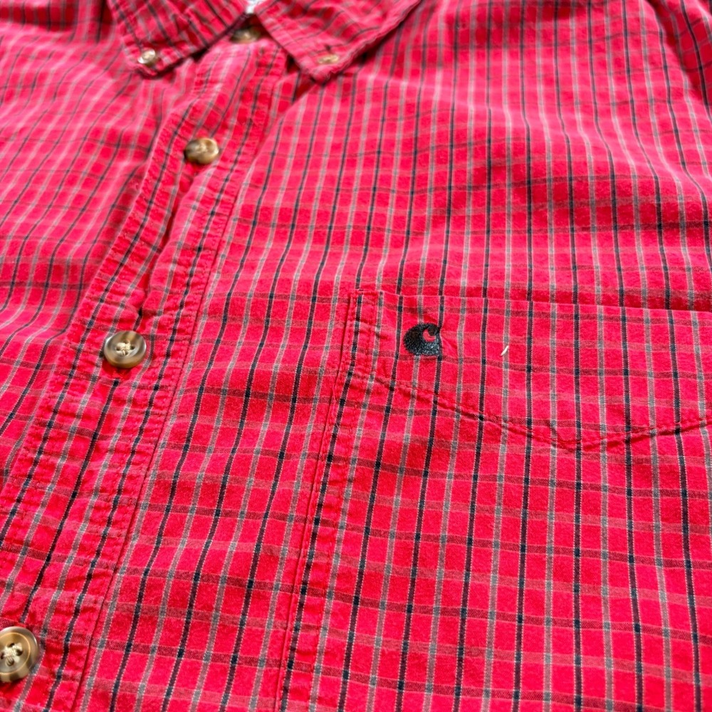 Carhartt Mens XL Red Plaid Long Sleeve Button Down Cotton Work Shirt Logo Pocket